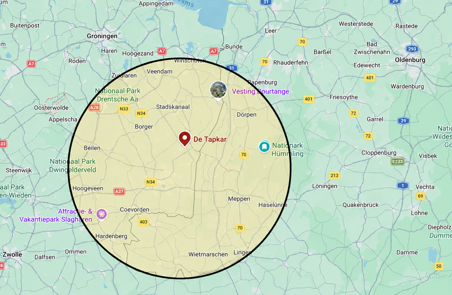 Verhuurgebied van De Tapkar rond Nieuw-Weerdinge